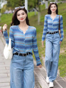 เสื้อสเวตเตอร์ถักแขนยาวลายทางแฟชั่นสำหรับผู้หญิง ฤดูใบไม้ผลิและฤดูร้อน 2025 ใหม่ ทรงเข้ารูป แขนยาว คอกลม แขนยาว แขนยาว