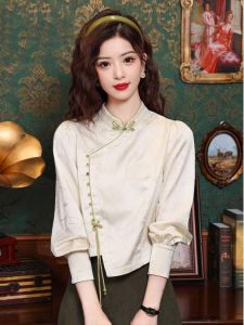 WANGGONGZHU | New Chinese Style Floral Embroidery Shirt Womens Spring Autumn Fashionable High-End Feeling Loose Fit Bubble Sleeve Top