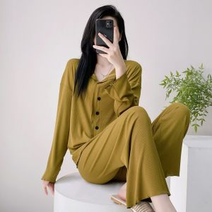 ชุดนอนผู้หญิง Modal แขนยาวหลวมๆ ฤดูใบไม้ร่วง ชุดอยู่บ้าน คอวี 2 ชิ้น คอกลม เสื้อคลุมกันหนาวปลอม สวมใส่สบาย