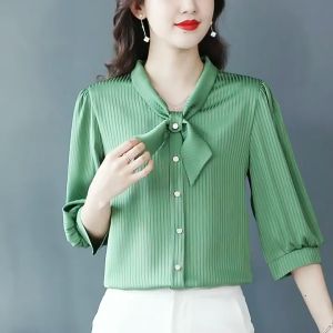 Fashion Korean Style Casual Office Lady Work Blouse Blue Pink Green White Summer Women Top