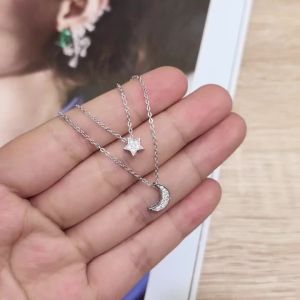 IOGOU | IOGOU D0.14CT VVS1 Moissanite Double Layer Pendant Necklace 925 Sterling Silver Moon Star Choker Necklace for Women Jewelry Gift