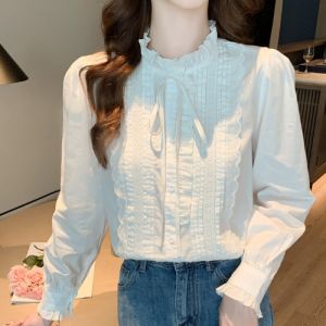 เสื้อเชิ้ตผ้าชีฟองแขนยาวแฟชั่นสำหรับผู้หญิง ฤดูใบไม้ร่วง 2025 ดีไซน์ใหม่ เสื้อชั้นใน ขอบฟองน้ำ ผ้าฝ้ายผสมโพลีเอสเตอร์