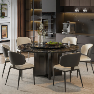 FPS FANPOSEN | High-end Crystal Black Microcrystal Round Dining Table with Turntable