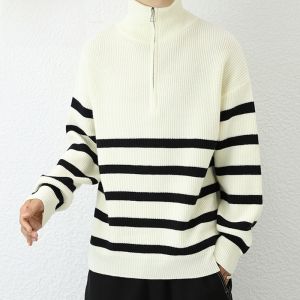 HENGYUANXIANG | Classic Mens Knitted Sweater Half High Collar Zipper Hooded Striped Pullover Winter Fashion Comfortable Soft Polyester Nylon