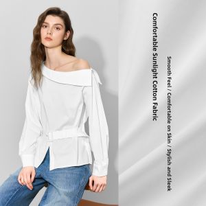 BEIQIANI | Slouchy Off Shoulder Turn-Down Collar Slimming Top