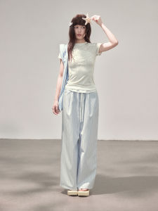 Lighthouse Original Silk Blue Striped Elastic Waist Drawstring Straight Leg Slimming Casual Pants Womens High Waist Straight Leg Pants