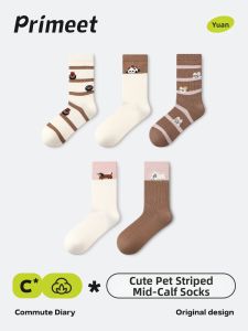 PRIMEET | Striped Cartoon Cute Outdoor Seamless White Mid-Calf Socks