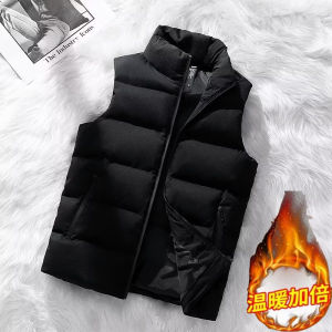 Thickened Fleece Cotton Mens Vest with Zipper Trim Slim Fit Warm Outerwear for Youth Sleeveless Hoodless Stand Collar