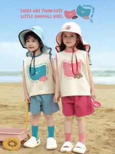 YOEHYAUL | Bộ Áo Gile và Quần Short Phối Màu Thêu Xinh Xắn cho Bé Gái Mùa Hè