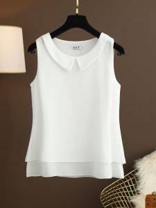 Summer 2024 New Large Size Doll Collar Loose Sleeveless Chiffon Womens Tank Top Outerwear Base Shirt round Neck Polyester Blend