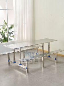 โต๊ะอาหารเหล็กกันสนิมแบบติดกันสำหรับโรงเรียน ร้านอาหาร ร้านอาหารข้าวกล่อง ขนาด 4-8 ที่นั่ง โต๊ะเหล็กพร้อมพื้นผิว PVC