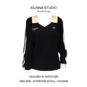 American Ballet Style Stripes Contrast Color Polo Collar Sweatshirt Female Fall and Winter New Arrival Niche Loose Lazy Style Long Sleeve Tops