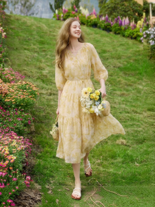 XIANGYING | Slimming Floral Print Mid-length Dress Yellow