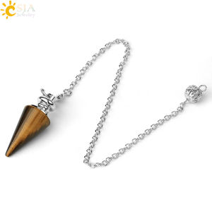CSJA Conical Pendulum Natural Stone Taper Silver Color Chain Amethyst Rose Quartz White Crystal Tiger Eye Pendulums G491