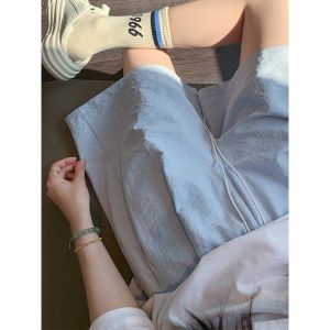 Blue Ice Silk Sembach Womens Shorts High Waist Sporty Casual Wide Leg Mid-Pants Summer New Arrival Five-Point Pants