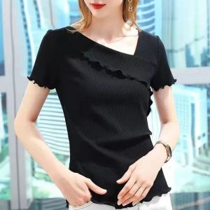 plus Size Ice Silk T-Shirt Women Summer Thin Design Short Sleeve Asymmetrical Collar Ear Shape Edge Top Korean Style Commute