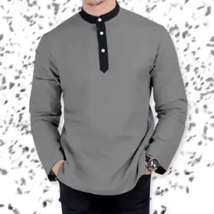 Exclusive Trending Viral Men Wear Long Sleeves Band Collar Color Contrast Elegant Stylish Design
