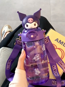 OutingSG-Sanrio Kuromi Water Bottle 650ml Kids Tritan Straw BPA-Free Portable with Strap Cute Cartoon Cup
