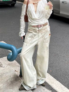 Retro American Embroidered Wide Leg Low Waist Loose Fit Womens Jeans Autumn Season Light Color Knife Edge Bootcut Pants