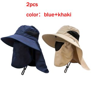 WRELS | 2Pcs Summer Outdoor Fishing Hat Full Face Sun Protection Hunting Bucket Hats Breathable Wide Brim Anti UV Camping Fisherman Hat