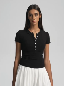 Tawii. Henley TShirt Womens Cotton Stretch Round Neck Short-Sleeved T-shirt Slim Fit Style