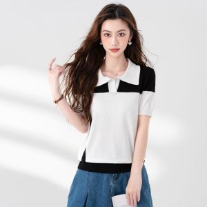 LUCKIN STORE Womens Short sleeve Knit Shirt Womens Top New Color blocked Design Sense V-neck Summer New Blouse Polo collar Casual T-shirt Plus Size