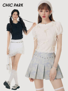 Chic Park Sweet Bubble Sleeve T-Shirt round Neck Butterfly Knot Short Sleeve Top Double Layer Embroidery Pleasing Texture Summer Fashion