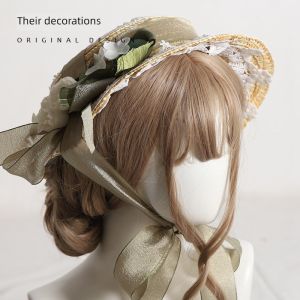 Lolita Floral Straw Hat Womens Summer Flat Cap Sunscreen Yang Han Yang Zhi Bing Vintage Hat Youth Elegant Butterfly Knot
