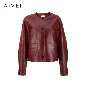 Aivei Spring 2025 Lazy Vintage Red Sheepskin Jacket Coat Womens Fashion Leather Outerwear round Neck Single Button Closure