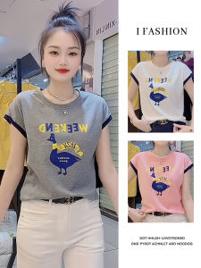 Laid-back Korean Style Short Sleeve T-shirt Womens Loose Fit Summer Fashionable Anti-Aging Streetwear round Neck Print Top