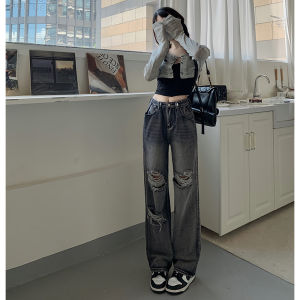 plus Size Womens High Waist Straight Leg Jeans Distressed Wide Leg Pants Retro High Street Trend Denim Trousers for plus Size