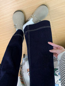 Deep Blue High Waist Wide Leg Denim Jeans Womens Loose Slimming Bootcut Pants for Pear Shaped Body Casual Pure Color Jeans