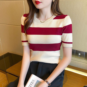 Korean Style Knitted Tops For Women Thin Striped Short Sleeve Slim Fitting Knitwear T-shirt For Women baju wanita murah cantik