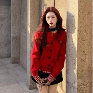 Christmas Red Color Block Knitwear Jacket Womens Autumn Winter Soft Cozy High Sensation Open Cardigan Casual Style Regular Fit