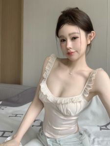 French Vintage Lace Trim Vest Women Summer Outerwear Waist Cinching Belted Back Strap Floral Lace Halter Top Fashionable Sun Protection