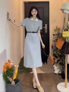 ชุดเดรสยาวสีน้ำเงินคอโปโล ทรงเข้ารูป แขนยาว กระดุม ผ่าหน้า ทรงเข้ารูป เดรสทำงานฤดูร้อน สำหรับผู้หญิง