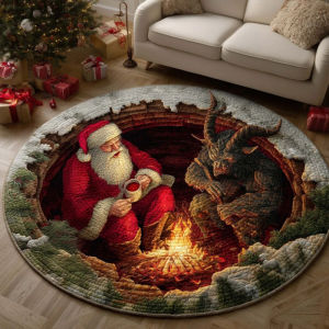 VIKAMA Christmas Round Rug 3D Optical Illusion Santa Fireplace for Home Xmas Holiday Floor Mat Decor