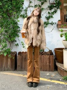 Low Waist Flared Pants Womens Khaki Caramel Corduroy Autumn New Style Retro Look Casual Trousers Extended Size for Tall Ladies