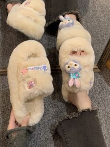 Rabbit Fur Cotton Slippers Womens Indoor Outdoor Wearable Super Home Sweet Cute Cotton Slippers Artificial Long Fur Velvet