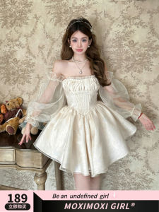 MOXI Fairy Flower Sea French Fishbone Waist Cinching Bubble Sleeve Court Dress Princess Ball Gown High Waist Polyester Fiber