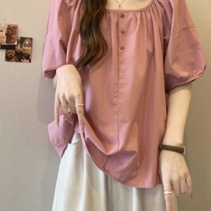 Pink Square Collar Bubble Sleeve Short Sleeve Shirt Women Summer Popular Belly Cover Doll Shirt Top Fashionable Lace Snowflake Pattern