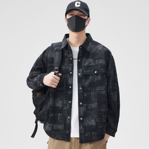 Retro Plaid Denim Jacket Men Spring Autumn New Trend Casual Shirt Collar Jacket Top for Men Breathable Long Sleeve Outerwear