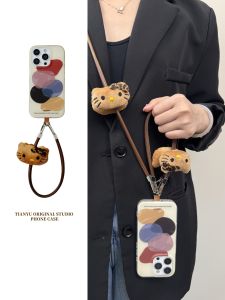 Tianyu Creative Color Collision Morandi KT Cat Lanyard Suitable for Apple 16 pro iPhone 13 Personalized Protection Case 15 pro Max Crossbody 14 pro Strap 16 Silicone Shell