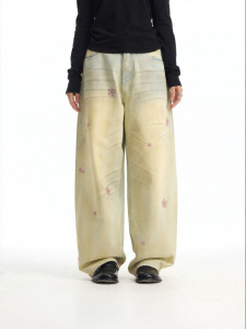 JNXS | Vintage Yellow Clay Star Floral Rhinestone Jeans Loose Flared