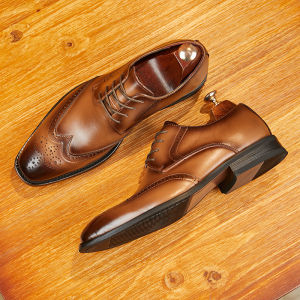 Business Formal Handmade Carved Leather Brogue Shoes Mens Pointed Toe Lace-Up Derby Wedding Shoes Brown Youth Fashionable Oxfords