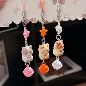 Cute Cartoon Three Dimensional Kitten Bell Mobile Phone Lanyard Beaded Matching Keychain Women Fashion Bag Charm Accessories