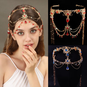 Red Purple Drop Crystal Long Chain Antique Exotic Ethnic Bride Wedding Headwear Hair Accessories for Women Handmade Hair Jewelry