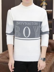 ROMON | เสื้อสเวตเตอร์ถักคอปกสูงครึ่งตัวสำหรับผู้ชาย ฤดูใบไม้ร่วง/ฤดูหนาว ใหม่ ขนกระต่ายหนา อบอุ่น สวมใส่สบาย พิมพ์ลาย เสื้อชั้นในถัก