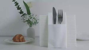 JINYUDOME-Disposable White Linen-Feel Prefolded Napkins Built-in Flatware Pocket for Wedding Party 15.75x15.75in