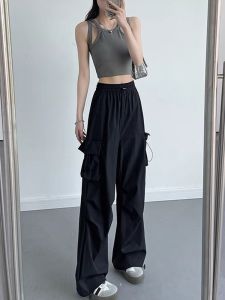 American Style Womens Cargo Pants High Waist Loose Fit Spring Autumn Casual Hiking Pants Parachute Design Straight Leg